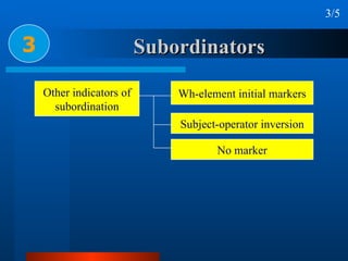 Subordinators 3 3/5 Other indicators of subordination Wh-element initial markers Subject-operator inversion No marker 