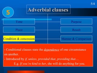 Adverbial clauses 5 5/4 - Conditional clauses state the  dependence  of one circumstance  on another. - Introduced by  if, unless, provided that, providing that … E.g.  If you’re kind to her , she will do anything for you. Time Place Condition & concession Reason or cause Circumstance Purpose Result Manner & Comparison Proportion & Preference 