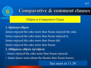 Comparative & comment clauses 6 6/2 Ellipsis in Comparative Clause 1. Optional ellipsis James enjoyed the cake more than Susan enjoyed the cake. James enjoyed the cake more than Susan enjoyed it. James enjoyed the cake more than Susan did. James enjoyed the cake more than Susan. 2. Obligatory ellipsis (of object) - James enjoyed the cake more than Susan enjoyed. + James know more about the theatre than Susan knows. See more in 11.39 