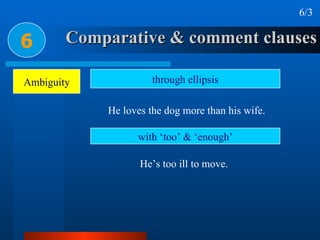 Comparative & comment clauses 6 6/3 Ambiguity He loves the dog more than his wife. through ellipsis with ‘too’ & ‘enough’ He’s too ill to move. 