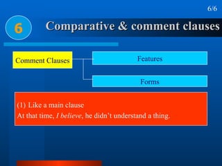 Comparative & comment clauses 6 6/6 Like a main clause At that time,  I believe , he didn’t understand a thing. Comment Clauses Features Forms 
