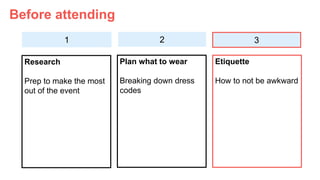 1
Before attending
Research
Prep to make the most
out of the event
Plan what to wear
Breaking down dress
codes
Etiquette
How to not be awkward
2 3
 
