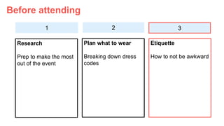 1
Before attending
Research
Prep to make the most
out of the event
Plan what to wear
Breaking down dress
codes
Etiquette
H...