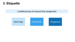 3. Etiquette
3 additional tips for beyond this assignment
WingpersonName tags Food/drinks
 