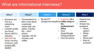 What are informational interviews?
What?
• Conversations to
learn more about
a particular
career path, job,
option, indust...