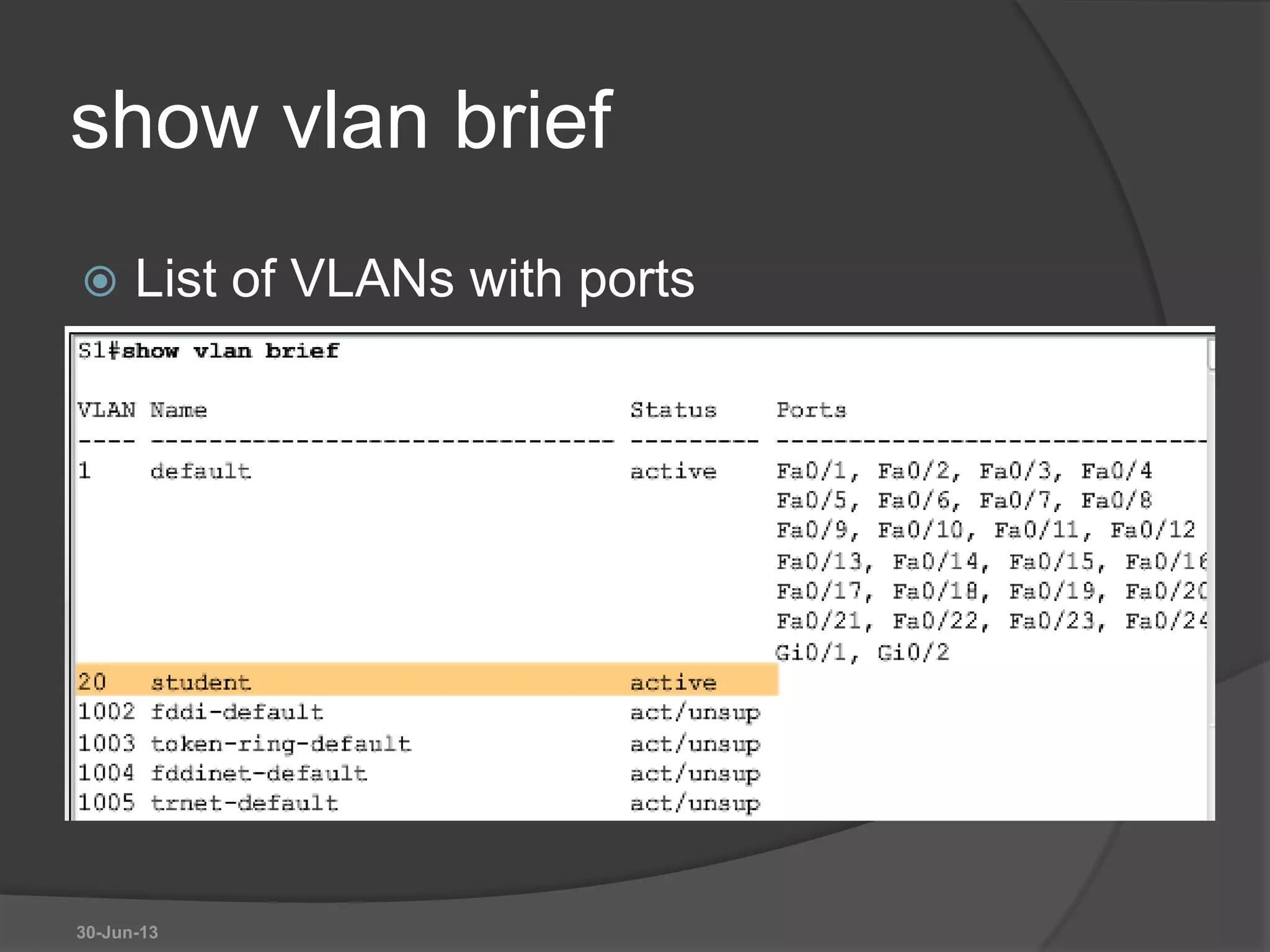 show vlan brief
 List of VLANs with ports
30-Jun-13
 