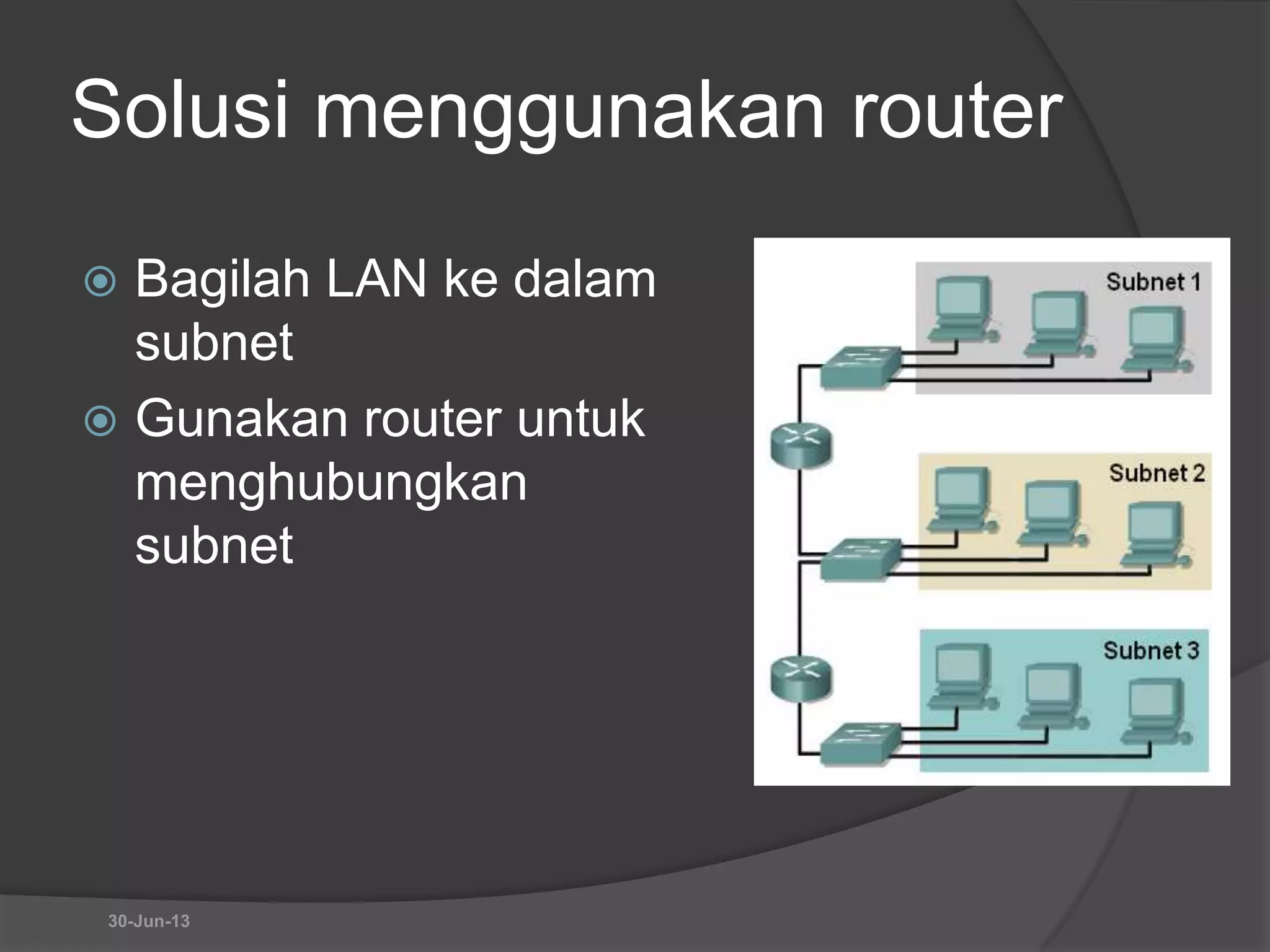 Solusi menggunakan router
 Bagilah LAN ke dalam
subnet
 Gunakan router untuk
menghubungkan
subnet
30-Jun-13
 