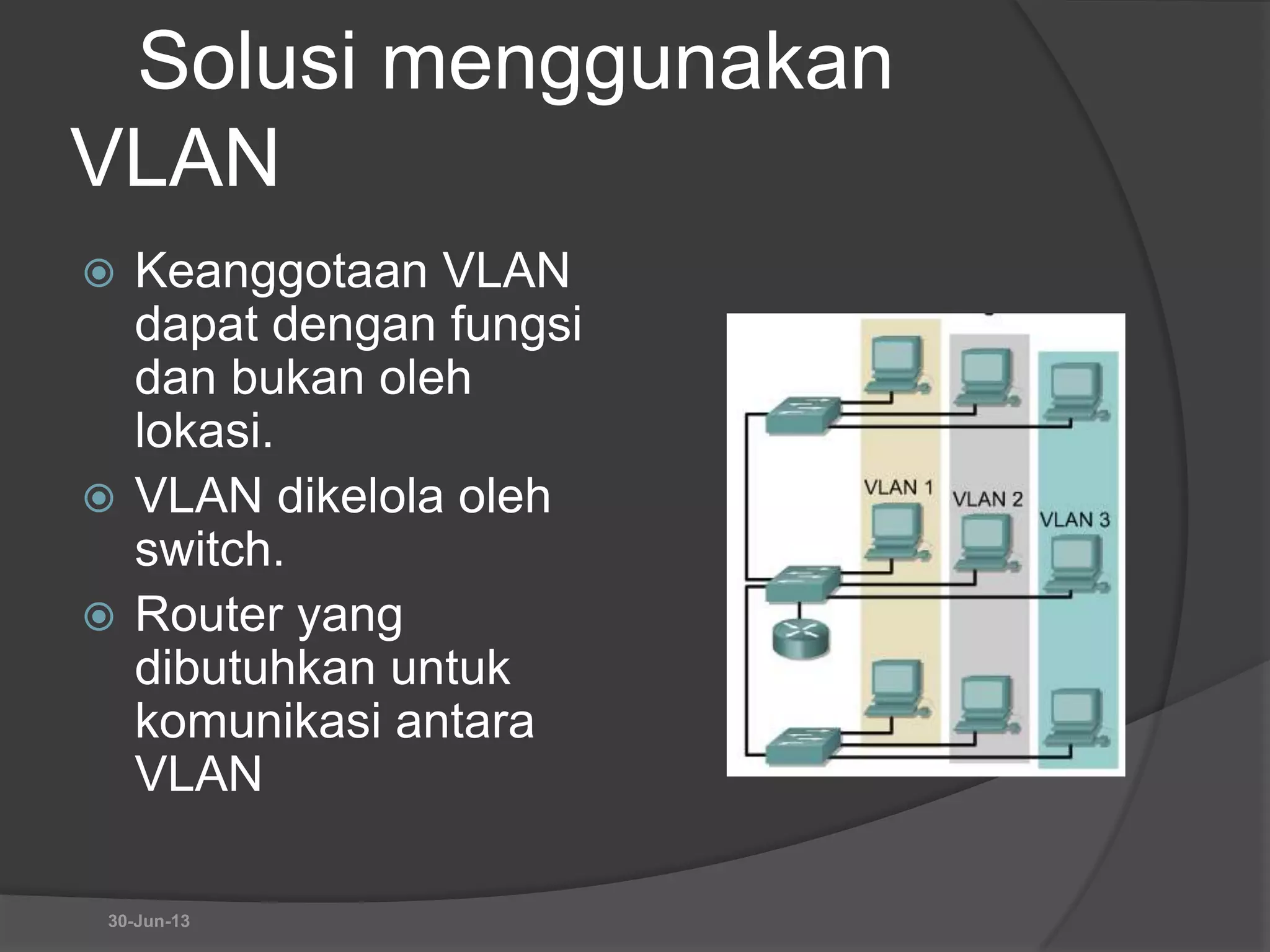 Solusi menggunakan
VLAN
 Keanggotaan VLAN
dapat dengan fungsi
dan bukan oleh
lokasi.
 VLAN dikelola oleh
switch.
 Router yang
dibutuhkan untuk
komunikasi antara
VLAN
30-Jun-13
 