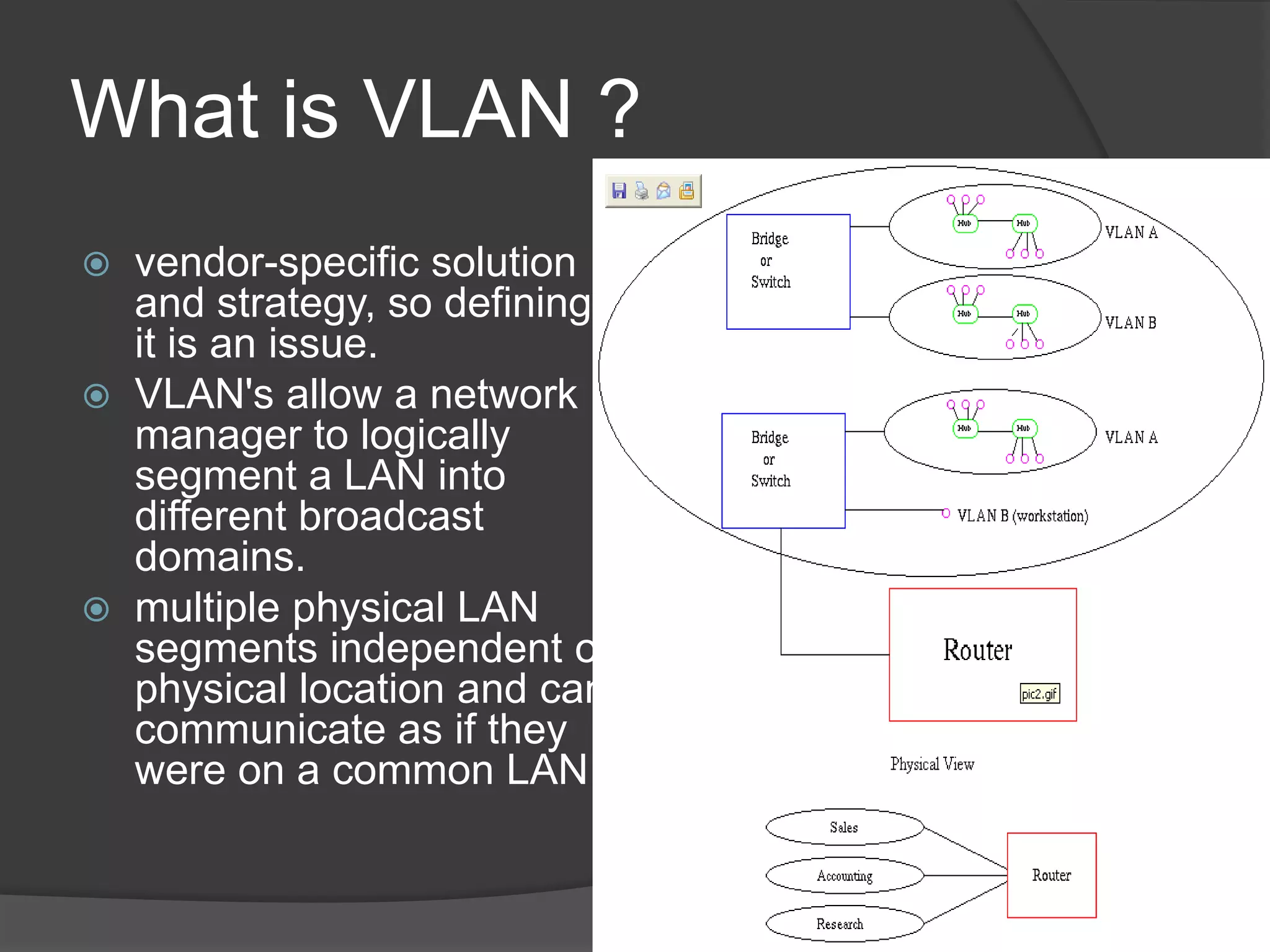 What is VLAN ?
 vendor-specific solution
and strategy, so defining
it is an issue.
 VLAN's allow a network
manager to logically
segment a LAN into
different broadcast
domains.
 multiple physical LAN
segments independent of
physical location and can
communicate as if they
were on a common LAN
 