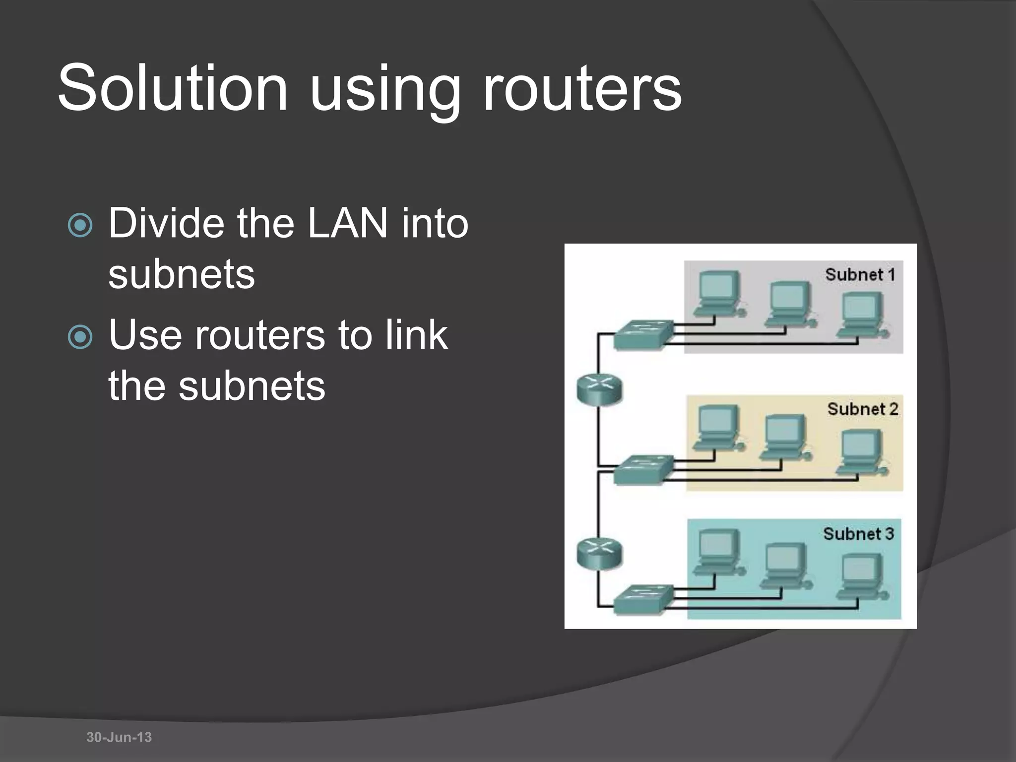 Solution using routers
 Divide the LAN into
subnets
 Use routers to link
the subnets
30-Jun-13
 