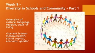 Week 9 -
Diversity in Schools and Community – Part 1
•Diversity of
culture, language,
religion, ways of
living
•Current issues:
mental health,
social capital,
economy, gender
 