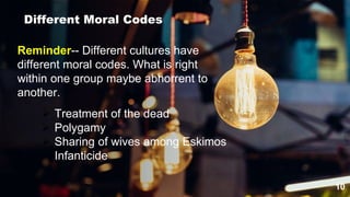 10
 Treatment of the dead
 Polygamy
 Sharing of wives among Eskimos
 Infanticide
Different Moral Codes
Reminder-- Different cultures have
different moral codes. What is right
within one group maybe abhorrent to
another.
 