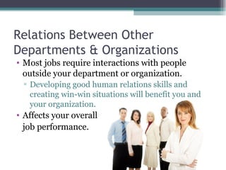 Relations Between Other
Departments & Organizations
• Most jobs require interactions with people
outside your department o...