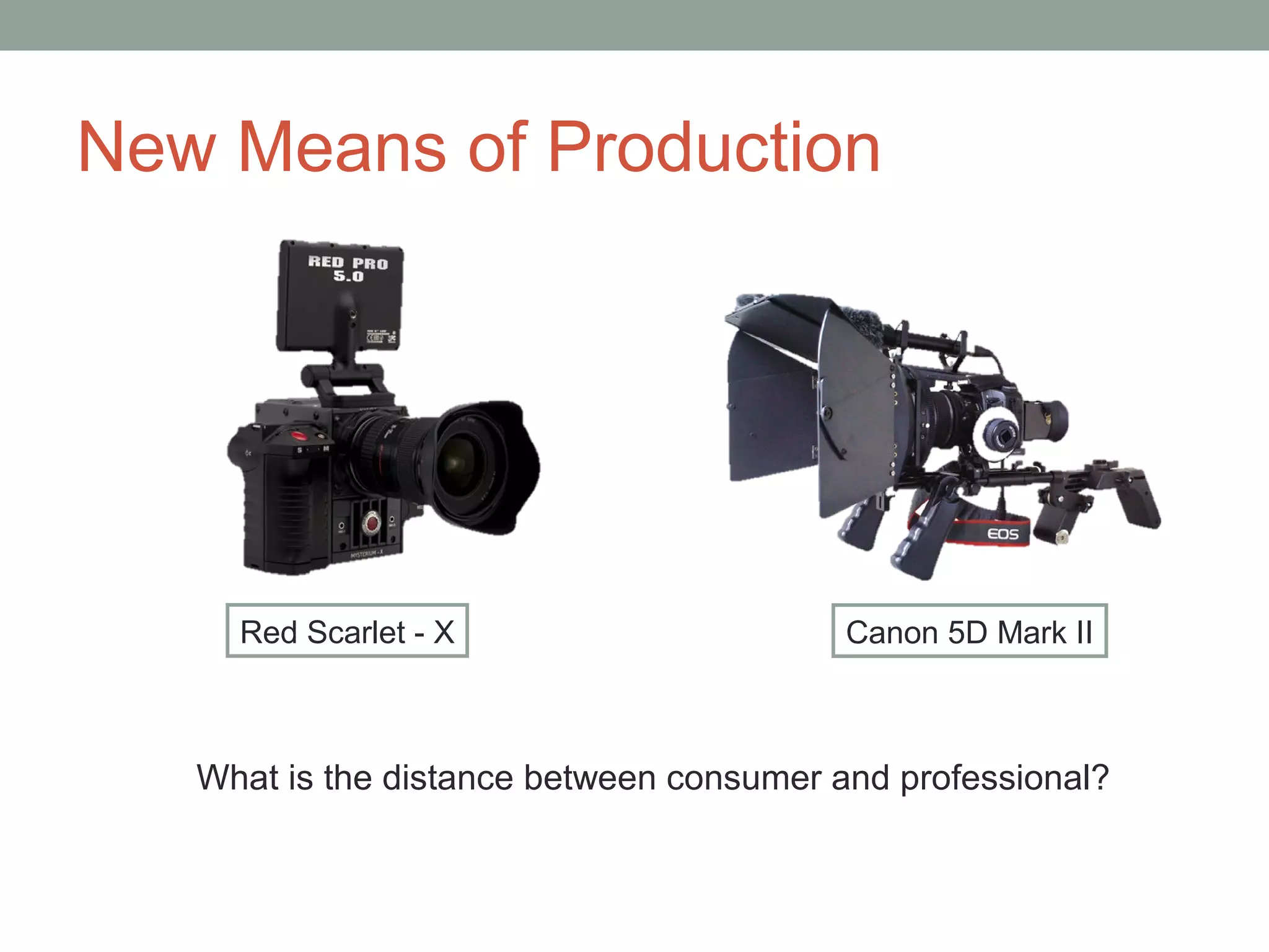 New Means of Production
Red Scarlet - X Canon 5D Mark II
What is the distance between consumer and professional?
 