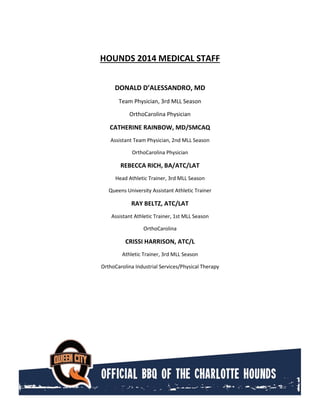 HOUNDS 2014 MEDICAL STAFF
DONALD D’ALESSANDRO, MD
Team Physician, 3rd MLL Season
OrthoCarolina Physician
CATHERINE RAINBOW, MD/SMCAQ
Assistant Team Physician, 2nd MLL Season
OrthoCarolina Physician
REBECCA RICH, BA/ATC/LAT
Head Athletic Trainer, 3rd MLL Season
Queens University Assistant Athletic Trainer
RAY BELTZ, ATC/LAT
Assistant Athletic Trainer, 1st MLL Season
OrthoCarolina
CRISSI HARRISON, ATC/L
Athletic Trainer, 3rd MLL Season
OrthoCarolina Industrial Services/Physical Therapy
 