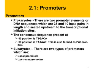 2.1: Promoters
Promoters
Prokaryotes - There are two promoter elements or
DNA sequences which are 35 and 10 base pairs in
length and seated upstream to the transcriptional
initiation sites.
The consensus sequence present at
-35 position is TTGACA
-10 position is TATAAT. This is also termed as Pribnow-
box.
Eukaryotes – There are two types of promoters
which are:
Basal promoters
Upstream promoters
11
 