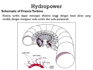 Hydropower
Schematic of FrancisTurbine
Kinerja turbin dapat mencapai efisiensi tinggi dengan head aliran yang
rendah, dengan mengatur sudu turbin dan sudu penyearah.
 