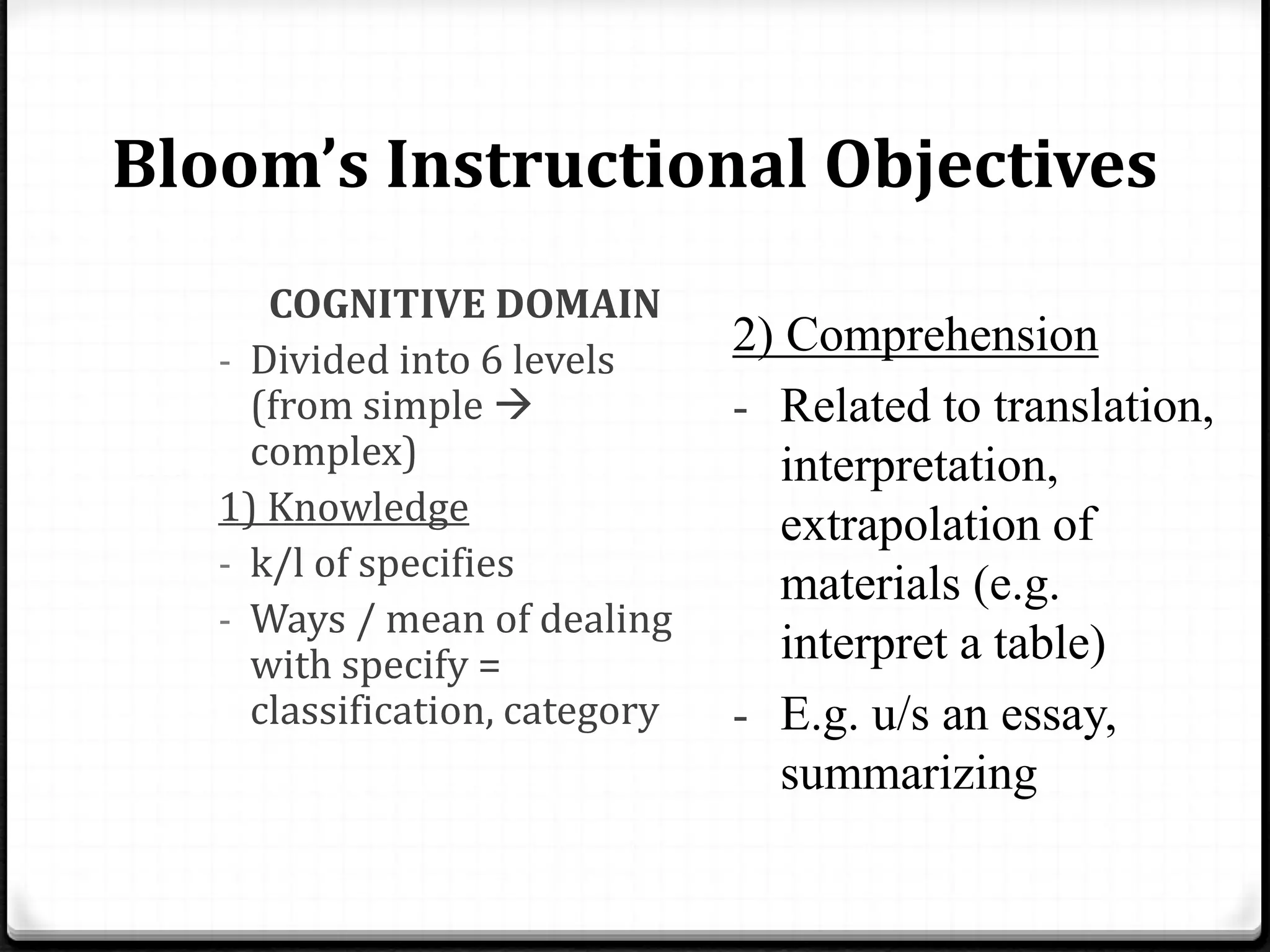 Bloom’s Instructional Objectives
COGNITIVE DOMAIN
- Divided into 6 levels
(from simple 
complex)
1) Knowledge
- k/l of specifies
- Ways / mean of dealing
with specify =
classification, category
2) Comprehension
- Related to translation,
interpretation,
extrapolation of
materials (e.g.
interpret a table)
- E.g. u/s an essay,
summarizing
 