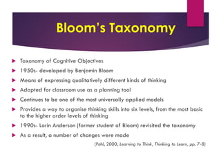 Bloom’s Taxonomy
 Bloom’s taxonomy is an attempt to classify forms of
learning.
 It identifies three “domains” of learni...