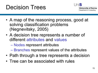 Decision Trees A map of the reasoning process, good at solving classification problems (Negnevitsky, 2005) A decision tree represents a number of different  attributes  and  values Nodes  represent attributes Branches  represent values of the attributes Path through a tree represents a decision Tree can be associated with rules 