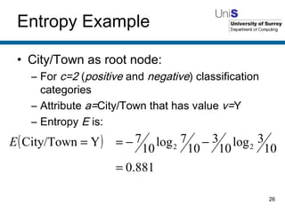 City/Town as root node: For  c=2  ( positive  and  negative ) classification categories Attribute  a= City/Town that has value  v= Y Entropy  E  is: Entropy Example 