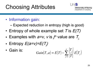 Choosing Attributes Information gain:   Expected reduction in entropy (high is good) Entropy of whole example set  T  is  E(T) Examples with  a=v, v  is  j th  value are  T j, Entropy  E(a=v)=E(T j ) Gain is: 
