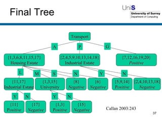 Final Tree Transport {7,12,16,19,20} Positive {8} Negative {6} Negative Callan 2003:243 {5,9,14} P ositive {2,4,10,13,18} Negative A P G {1,3,6,8,11,15,17} Housing Estate L M S N {11,17} Industrial Estate {17} Negative {11} P ositive Y N {1,3,15} University {15} Negative {1,3} P ositive Y N {2,4,5,9,10,13,14,18} Industrial Estate Y N 