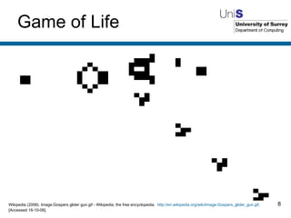 Game of Life Wikipedia (2006). Image:Gospers glider gun.gif - Wikipedia, the free encyclopedia.  http://en.wikipedia.org/wiki/Image:Gospers_glider_gun.gif .  [Accessed 16-10-06]. 