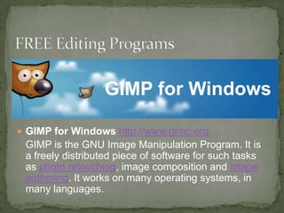 Partnered togetherSome tools are only available with Picnik PremiumBasic  editing featuresRotate and  resizeReduce red-eyeAdjust exposureAdjust contrastApply special effects – boosting color and vignetteSharpenFlickr and Picnik