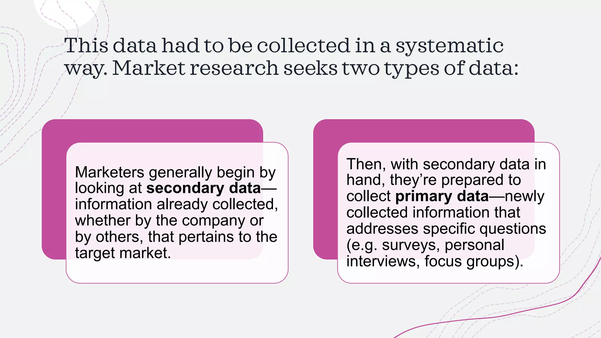 This data had to be collected in a systematic
way. Market research seeks two types of data:
Marketers generally begin by
looking at secondary data—
information already collected,
whether by the company or
by others, that pertains to the
target market.
Then, with secondary data in
hand, they’re prepared to
collect primary data—newly
collected information that
addresses specific questions
(e.g. surveys, personal
interviews, focus groups).
 