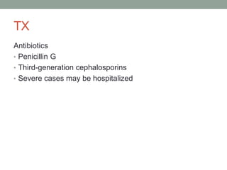 TX
Antibiotics
• Penicillin G
• Third-generation cephalosporins
• Severe cases may be hospitalized

 