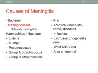 3

12/8/2013

Causes of Meningitis
• Bacterial

• Viral

- Meningococcus
- Neisseria meningitidis

- Arboviral (mosquitoborne) diseases
- Influenza
- LaCrosse Encephalitis
virus
- West Nile Virus
- Also enteroviral

Haemophilus influenzae
- Listeria
- Mumps
- Pneumococcus
- Group A Streptococcus
- Group B Streptococcus

 