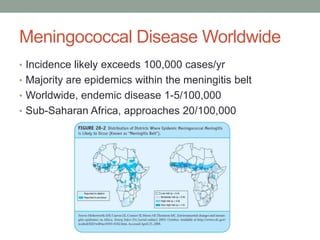 Meningococcal Disease Worldwide
• Incidence likely exceeds 100,000 cases/yr
• Majority are epidemics within the meningitis belt
• Worldwide, endemic disease 1-5/100,000
• Sub-Saharan Africa, approaches 20/100,000

 