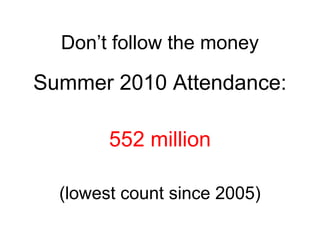 Dont follow the money
Summer 2010 Attendance:
552 million
(lowest count since 2005)
 