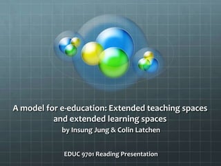 A model for e-education: Extended teaching spaces
and extended learning spaces
by Insung Jung & Colin Latchen
EDUC 9701 Reading Presentation
 