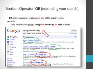 Boolean Operator: OR (expanding your search)
• OR retrieves records that contain any of the search terms.
example
...finds records with either college or university or both in them.
 