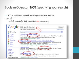 Boolean Operator: NOT (specifying your search)
• NOT (-) eliminates a search term or group of search terms
example
...finds records for high school but not elementary.
 