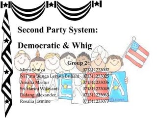Second Party System:
Democratic & Whig
Group 2 :
Mirra Saniya 071311233002
Ni Putu Bunga Levista Briliani 071311233025
Amalia Mastur 071311233036
Sri Harini Wijayanti 071311233049
Didang Alexander 071311233063
Rosalia Jasmine 071311233077
 