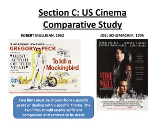 Section C: US Cinema
             Comparative Study
  ROBERT MULLIGAN, 1962                       JOEL SCHUMACHER, 1996




 Two films must be chosen from a specific
genre or dealing with a specific theme. The
    two films should enable sufficient
   comparison and contrast to be made
 