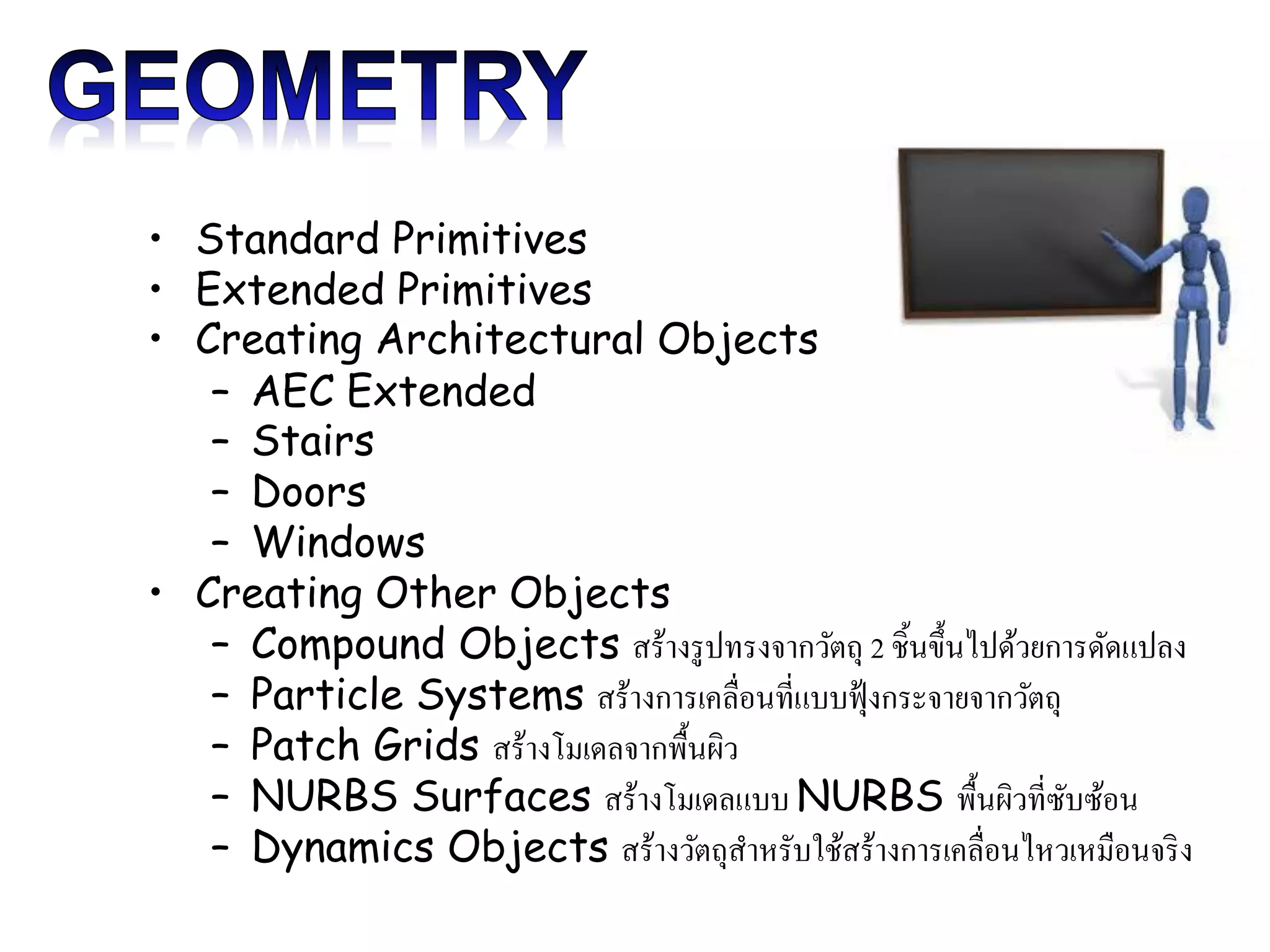 • Standard Primitives
• Extended Primitives
• Creating Architectural Objects
– AEC Extended
– Stairs
– Doors
– Windows
• Creating Other Objects
– Compound Objects สร้างรูปทรงจากวัตถุ 2 ชิ้นขึ้นไปด้วยการดัดแปลง
– Particle Systems สร้างการเคลื่อนที่แบบฟุ้งกระจายจากวัตถุ
– Patch Grids สร้างโมเดลจากพื้นผิว
– NURBS Surfaces สร้างโมเดลแบบ NURBS พื้นผิวที่ซับซ้อน
– Dynamics Objects สร้างวัตถุสาหรับใช้สร้างการเคลื่อนไหวเหมือนจริง
 