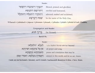 Yit’barach v’yishtabach v’yitpa-ar v’yitromam v’yitnaseh, v’yithadar v’yitaleh v’yithalal sh’meh d’kudsha,
Barich Hu.
L’elah min kol birchatah v’shiratah, tush’b’chatah v’nechematah da-amiran b’alma. v’imru: Amen.
 