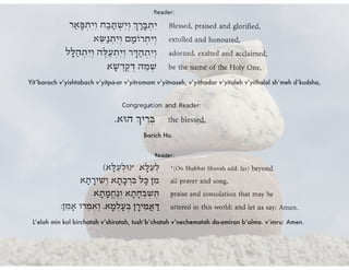 Yit’barach v’yishtabach v’yitpa-ar v’yitromam v’yitnaseh, v’yithadar v’yitaleh v’yithalal sh’meh d’kudsha,
Barich Hu.
L’elah min kol birchatah v’shiratah, tush’b’chatah v’nechematah da-amiran b’alma. v’imru: Amen.
 