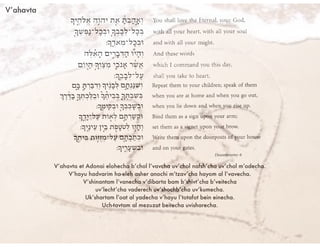 V’ahavta
V’ahavta et Adonai elohecha b’chol l’vavcha uv’chol nafsh’cha uv’chol m’odecha.
V’hayu hadvarim ha-eleh asher anochi m’tzav’cha hayom al l’vavecha.
V’shinantam l’vanecha v’dibarta bam b’shivt’cha b’veitecha
uv’lecht’cha vaderech uv’shochb’cha uv’kumecha.
Uk’shartam l’oat al yadecha v’hayu l’totafot bein einecha.
Uch-tavtam al mezuzot beitecha uvisharecha.
 