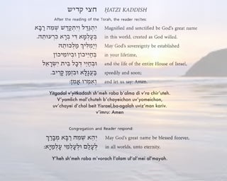 Yitgadal v’yitkadash sh’meh raba b’alma di v’ra chir’uteh.
V’yamlich mal’chuteh b’chayeichon uv’yomeichon,
uv’chayei d’chol beit Yisrael,ba-agalah uviz’man kariv.
v’imru: Amen
Y’heh sh’meh raba m’vorach l’olam ul’al’mei al’mayah.
 