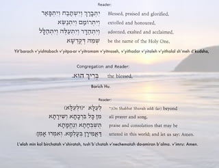Yit’barach v’yishtabach v’yitpa-ar v’yitromam v’yitnaseh, v’yithadar v’yitaleh v’yithalal sh’meh d’kudsha,
Barich Hu.
L’elah min kol birchatah v’shiratah, tush’b’chatah v’nechematah da-amiran b’alma. v’imru: Amen.
 