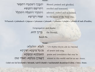 Yit’barach v’yishtabach v’yitpa-ar v’yitromam v’yitnaseh, v’yithadar v’yitaleh v’yithalal sh’meh d’kudsha,
Barich Hu.
L’elah min kol birchatah v’shiratah, tush’b’chatah v’nechematah da-amiran b’alma. v’imru: Amen.
 