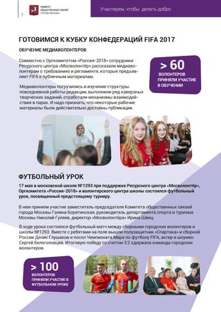 Участвуем, чтобы делать добро
7
ОБУЧЕНИЕ МЕДИАВОЛОНТЕРОВ
Совместно с Оргкомитетом «Россия-2018» сотрудники
Ресурсного центра «Мосволонтёр» рассказали медиаво-
лонтерам о требованиях и регламенте, которые предъяв-
ляет FIFA к публичным материалам.
ГОТОВИМСЯ К КУБКУ КОНФЕДЕРАЦИЙ FIFA 2017
ВОЛОНТЕРОВ
ПРИНЯЛИ УЧАСТИЕ
В ОБУЧЕНИИ
> 60
17 мая в московской школе №1293 при поддержке Ресурсного центра «Мосволонтёр»,
Оргкомитета «Россия-2018» и волонтерского центра школы состоялся футбольный
урок, посвященный предстоящему турниру.
В нем приняли участие заместитель председателя Комитета общественных связей
города Москвы Галина Борятинская, руководитель департамента спорта и туризма
Москвы Николай Гуляев, директор «Мосволонтёра» Ирина Швец.
ФУТБОЛЬНЫЙ УРОК
Медиаволонтеры погрузились в изучение структуры
повседневной работы редакции, выполнили ряд каверзных
творческих заданий, отработали механизмы взаимодей-
ствия в парах. И надо признать, что некоторые рабочие
материалы были действительно достойны публикации.
В ходе урока состоялся футбольный матч между сборными городских волонтеров и
школы №1293. Вместе с ребятами на поле вышли полузащитник «Спартака» и сборной
России Денис Глушаков и посол Чемпионата Мира по футболу FIFA, актер и шоумен
Сергей Белоголовцев. Итоговую победу со счетом 3:2 одержала команда городских
волонтеров.
ВОЛОНТЕРОВ
ПРИНЯЛИ УЧАСТИЕ В
ФУТБОЛЬНОМ УРОКЕ
> 100
 