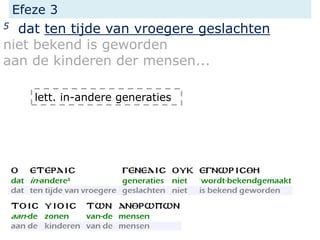 Efeze 3
5 dat ten tijde van vroegere geslachten
niet bekend is geworden
aan de kinderen der mensen...
lett. in-andere generaties
 