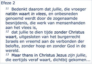 Efeze 2
11 Bedenkt daarom dat jullie, die vroeger
natiën waart in vlees, en onbesneden
genoemd werdt door de zogenaamde
besnijdenis, die werk van mensenhanden
aan het vlees is,
12 dat jullie te dien tijde zonder Christus
waart, uitgesloten van het burgerrecht
Israels en vreemd aan de verbonden der
belofte, zonder hoop en zonder God in de
wereld.
13 Maar thans in Christus Jezus zijn jullie,
die eertijds veraf waart, dichtbij gekomen...
 