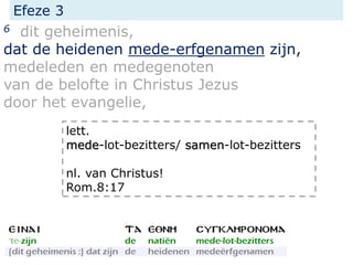 Efeze 3
6 dit geheimenis,
dat de heidenen mede-erfgenamen zijn,
medeleden en medegenoten
van de belofte in Christus Jezus
door het evangelie,
lett.
mede-lot-bezitters/ samen-lot-bezitters
nl. van Christus!
Rom.8:17
 